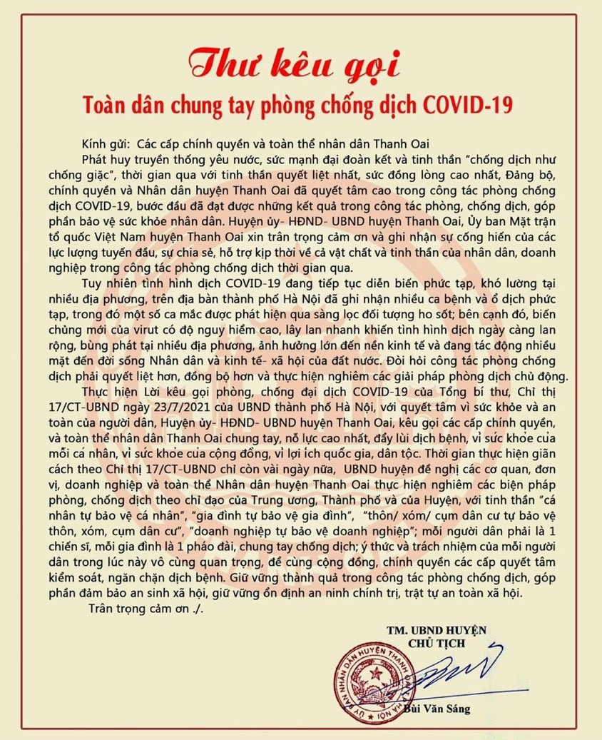 Thư kêu gọi toàn dân chung tay phòng chống dịch Covid-19 của chủ tịch huyện Thanh Oai