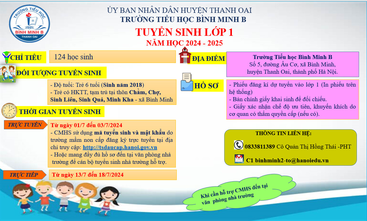 THÔNG BÁO TUYỂN SINH - Trường TH Bình Minh B tuyển sinh lớp 1 năm học 2024-2025